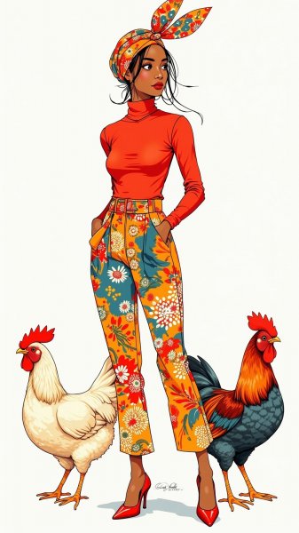 Яркая женщина с куриными мотивами в абстрактном стиле. Нейронная сеть Flux 1