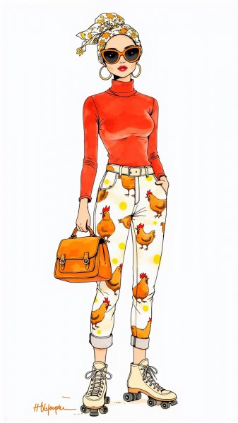 Яркий образ: женщина на роликах в стильном наряде с принтом курицы и яйца. Нейросеть Flux Ai