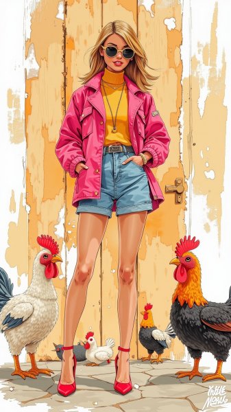 Куриные фигурки и яркий наряд куклы. Изображение из нейронной сети Flux 1