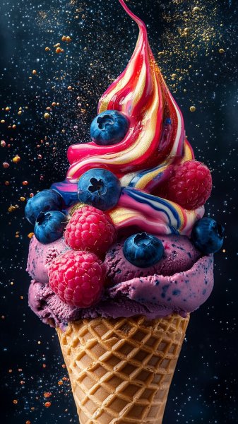 Яркое мороженое с ягодами и стекающей краской, фотореализм. Нейронная сеть Миджорни
