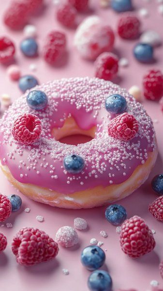 Розовое совершенство: пончик с малиновым взрывом и свежими ягодами. Генерация из нейросети Midjourney