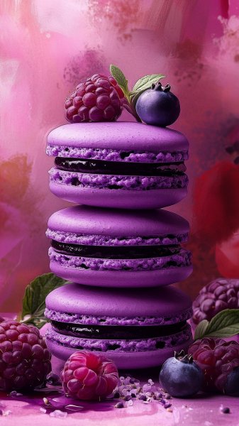 Фиолетовые макаруны с ягодами: яркий и свежий десерт. Генерация из нейросети Midjourney