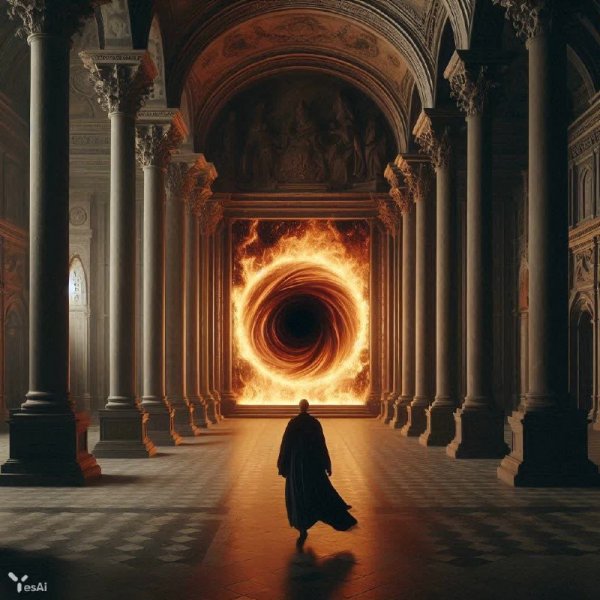 Тень у огненного портала в старинном замке. Генерация из нейросети Dalle 3