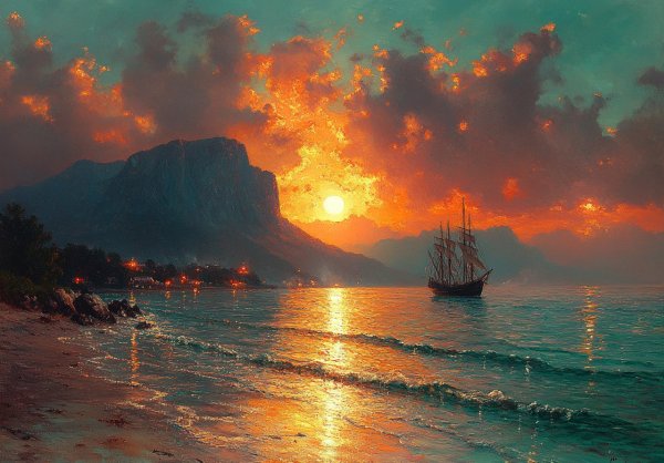 Крымский пейзаж Айвазовского: закат над морем и горами. Генерация из нейронной сети Миджорни