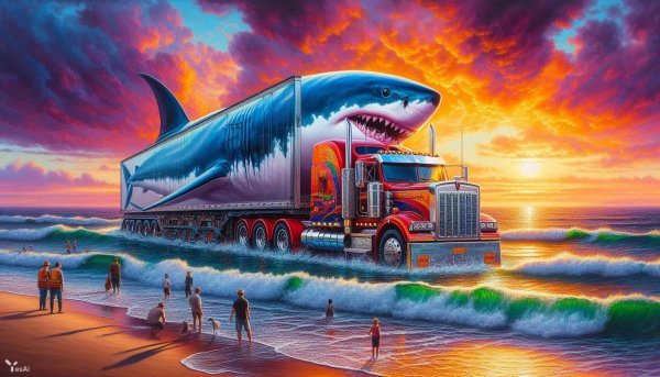 Шокирующая спасеция акулы в грузовике на фоне заката. Изображение из нейронной сети Dalle