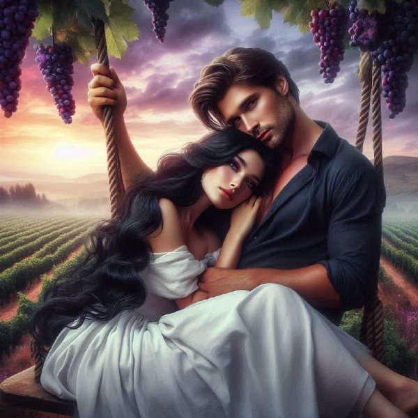 Закат в виноградниках: нежная встреча двух сердец. Изображение из нейронной сети Далли 3