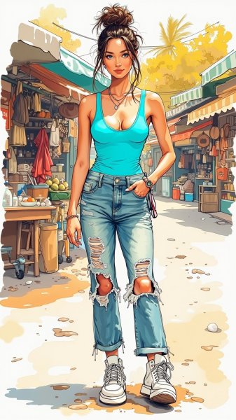 Яркий образ в неоновом стиле: мода на фоне оживленного рынка. Генерация из нейросети Flux