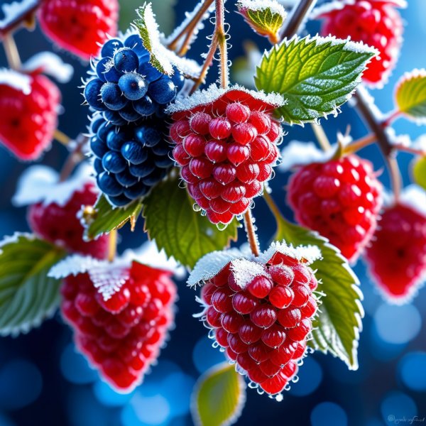 Сапфировые ягоды на ветке малины - зимний мороз. Картинка из нейросети Stable Diffusion
