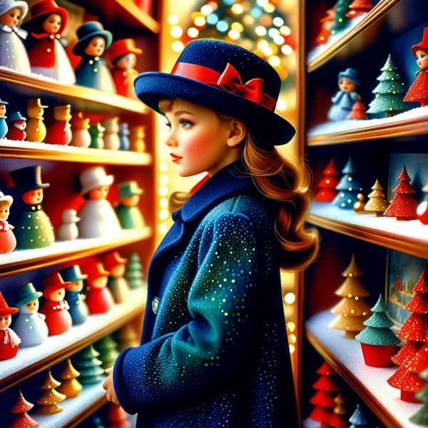 Девочка в магазине кукол: ретро-атмосфера и волшебство Нового года. Картинка из нейронной сети Stable Diffusion