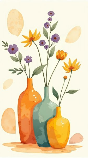 Нежные вазы и цветы: элегантная композиция в пастельных тонах. Нейронная сеть Flux