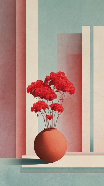 Яркие цветы в минималистичном вазе на фоне пастельных абстракций. Нейросеть Midjourney