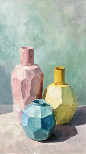 Яркие вазы в треугольной композиции: гармония форм и пастельных оттенков. Изображение из нейросети Миджорни