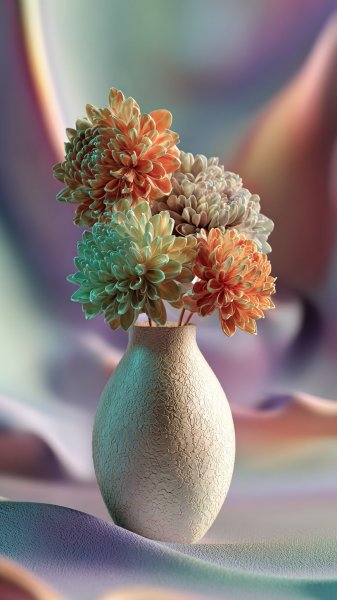 Геометрические цветы и абстрактный вазон в пастельных тонах. Картинка из нейронной сети Миджорни