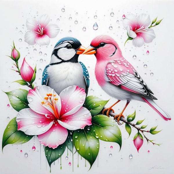 Нежная акварель: цветы, птицы и деликатный рисунок в стиле минимализм. Нейронная сеть Stable Diffusion