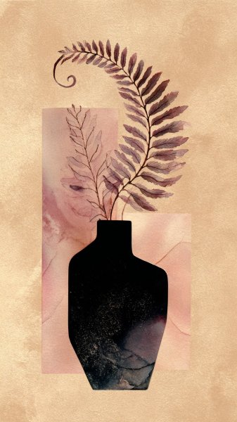 Нежная акварель: растительный абстракт в черном вазе. Картинка из нейронной сети Midjourney