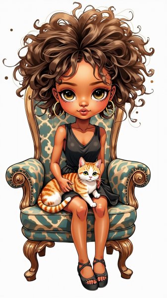 Кудрявая кукла и кошка в уютном кресле. Нейронная сеть Flux 1