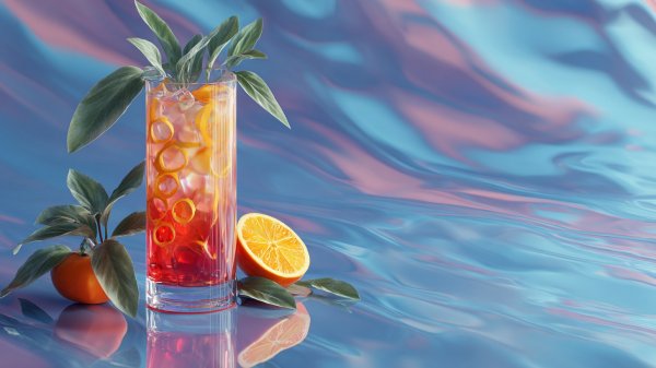 Яркий коктейль на фоне геометрических фигур в пастельных тонах. Генерация из нейронной сети Midjourney