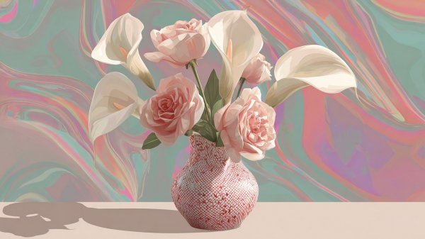 Современная композиция: ваза, цветы и пастельные геометрические узоры. Картинка из нейросети Midjourney