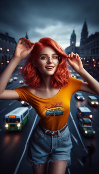 Стильная рыжеволосая девушка на фоне городского пейзажа. Картинка из нейросети Dalle-3