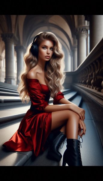 Музыкальная задумчивость: портрет девушки в красном платье у старинного здания. Генерация из нейросети Dalle