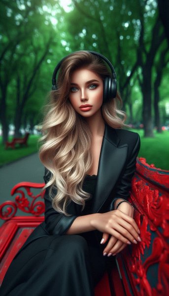 Модный образ: девушка с наушниками в городском парке. Генерация из нейронной сети Dalle