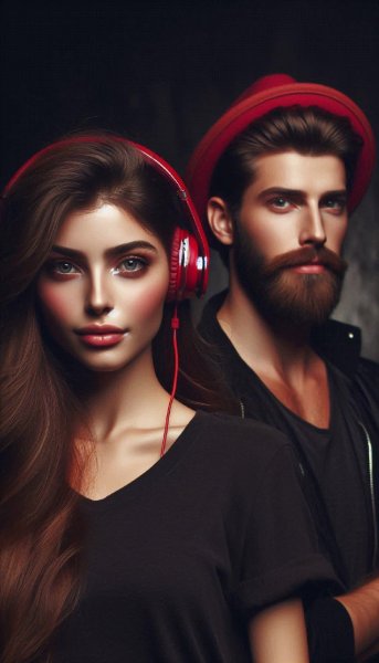Уверенные взгляды: музыкальный дуэт в стильных образах. Картинка из нейронной сети Dalle-3