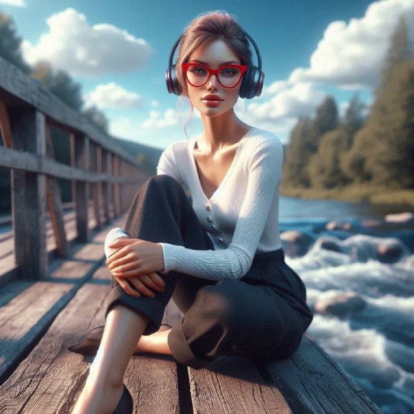 Задумчивый взгляд на реку: стильная девушка в наушниках и солнцезащитных очках. Изображение из нейросети Dalle
