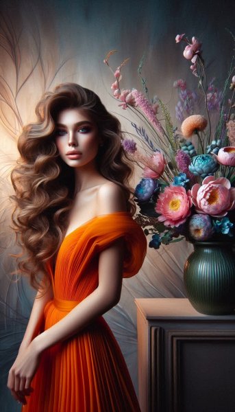 Оранжевое платье и нежные цветы: элегантный кадр молодой женщины. Изображение из нейронной сети Dalle