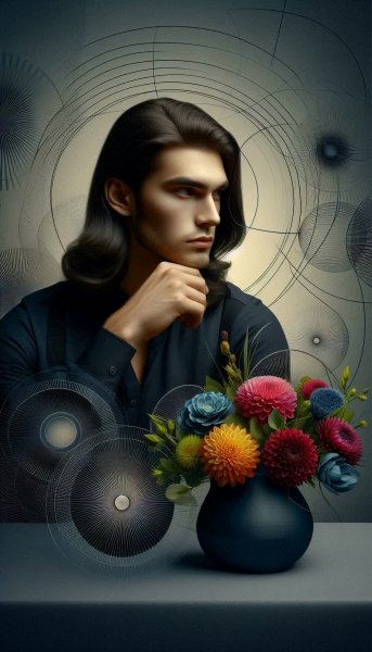 Молодой человек и абстрактные формы: гармония цветов и линий. Картинка из нейросети Dalle 3