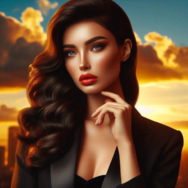 Вечерняя элегантность: женщина в коже под желтым небом. Генерация из нейросети Dalle 3