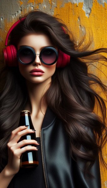 Загадочная мода: девушка с пивом и стильными аксессуарами на фоне желтой стены. Картинка из нейронной сети Далли 3
