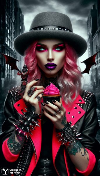 Неоновый образ: дерзкая девушка и демонический десерт в городском стиле. Картинка из нейросети Dalle