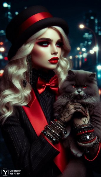 Загадочная гоф-блогерша в винтажном стиле с кошачьей компанией и мрачным городским пейзажем. Нейронная сеть Dalle 3