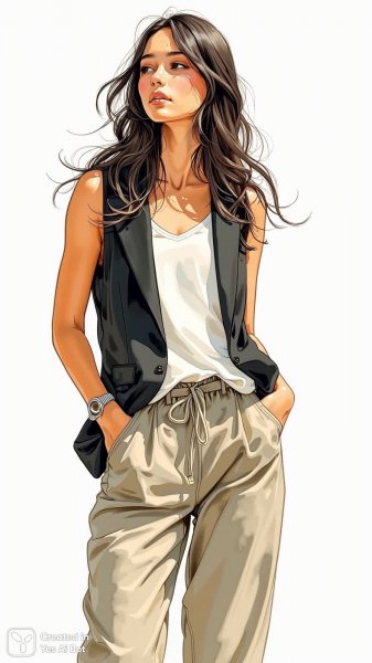 Молодая женщина в студии: элегантность и расслабленность в черном топе и легких брюках. Картинка из нейросети Flux 1