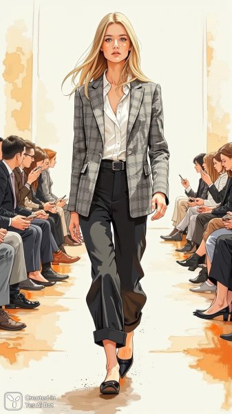 Модный показ: элегантный силуэт в клетчатом костюме и брюках свободного кроя. Генерация из нейронной сети Flux 1