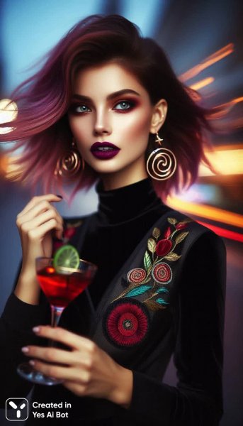 Городские огни и дерзкий взгляд: стильная девушка в черном кроп-топе и с бордовой помадой. Картинка из нейросети Dalle