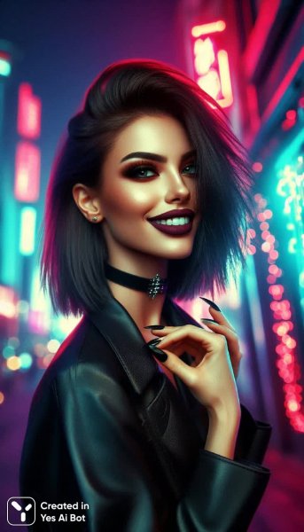 Городской хулиган: неоновый портрет дерзкой девушки в кожаной куртке. Генерация из нейронной сети Dalle