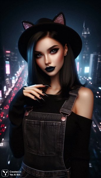 Городская ночь: Игривость и загадка в черном комбинезоне с кошачьими ушками. Картинка из нейронной сети Dalle