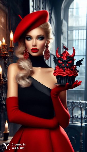 Блондинка в красном: Демонический кекс и стиль бёрлеск среди городских теней. Картинка из нейросети Dalle