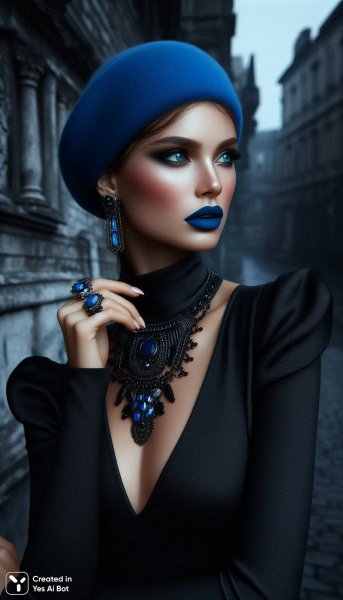Готическая элегантность в черном платье и синем бини. Нейросеть Dalle 3