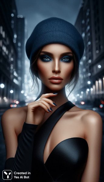 Ночная элегия: Таинство города в черном платье и синих акцентах. Генерация из нейронной сети Dalle