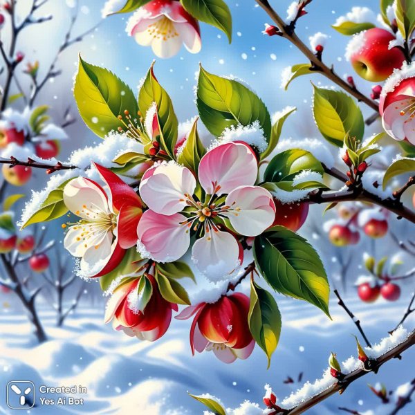 Цветущая яблоня в снегу: реалистичное великолепие зимней природы в деталях. Картинка из нейронной сети Stable Diffusion