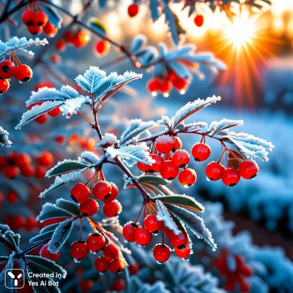 Рябина в морозном утреннем сиянии зимнего солнца. Генерация из нейросети Stable Diffusion