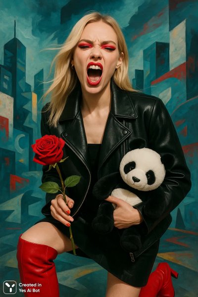 Блондинка в куртке: городская элегия с пандой и розой. Изображение из нейросети Sora Image