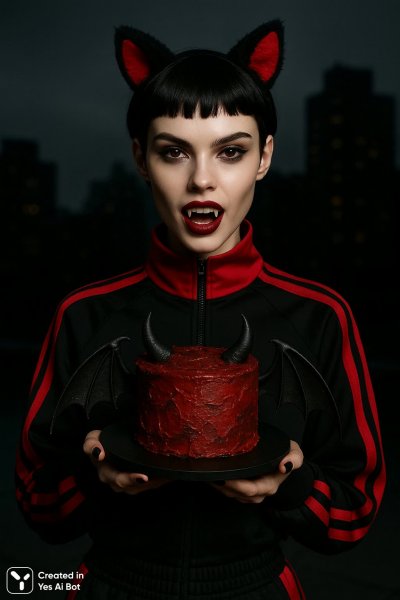 Вампирша в стиле спорт: фотосессия с тортом и городским антуражем. Генерация из нейронной сети Sora Image