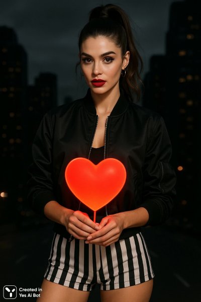 Городской стиль: спортивная девушка с огненным сердцем. Картинка из нейронной сети Sora Image