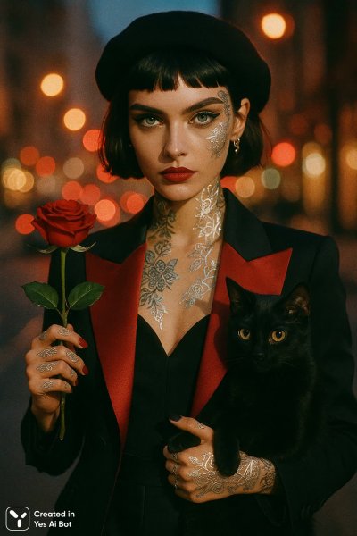 Загадочная леди в огненном образе и городском сиянии. Картинка из нейросети Sora