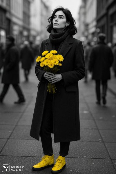 Яркий желтый акцент: цветы и обувь в городской суете. Изображение из нейросети Sora