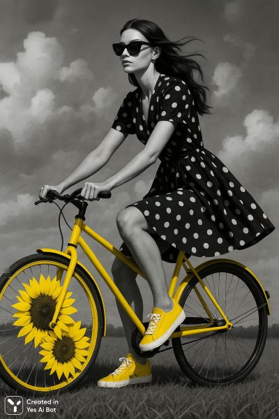 Яркое солнце и велосипед: полевая прогулка в чёрно-жёлтых тонах. Изображение из нейронной сети Sora Ai Images