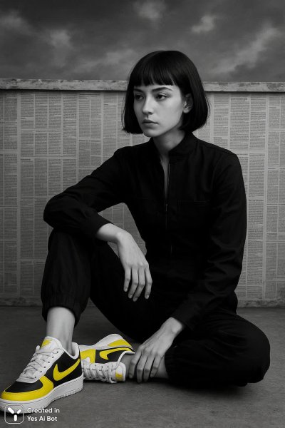 Девушка в черно-белом мире: меланхолия и желтый акцент. Генерация из нейросети Sora images Ai